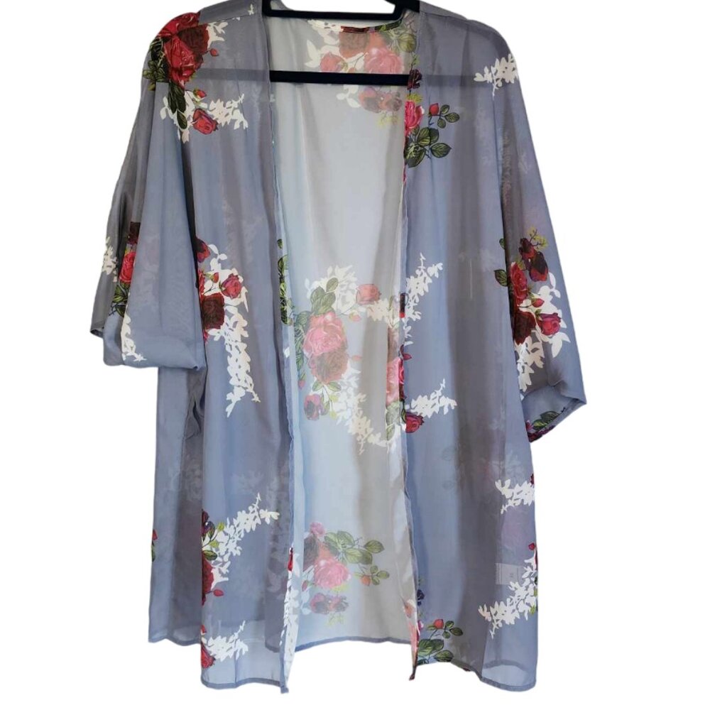 NWOT Women's Floral Print Puff Sleeve Kimono Cardigan Loose Cover Up